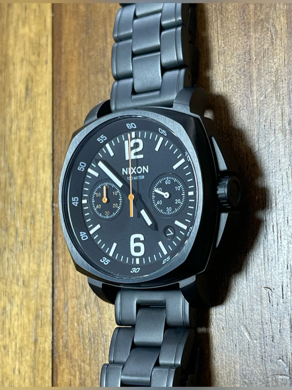 Nixon Charger Black Stainless Steel Chronograph Watch with Orange Hands
